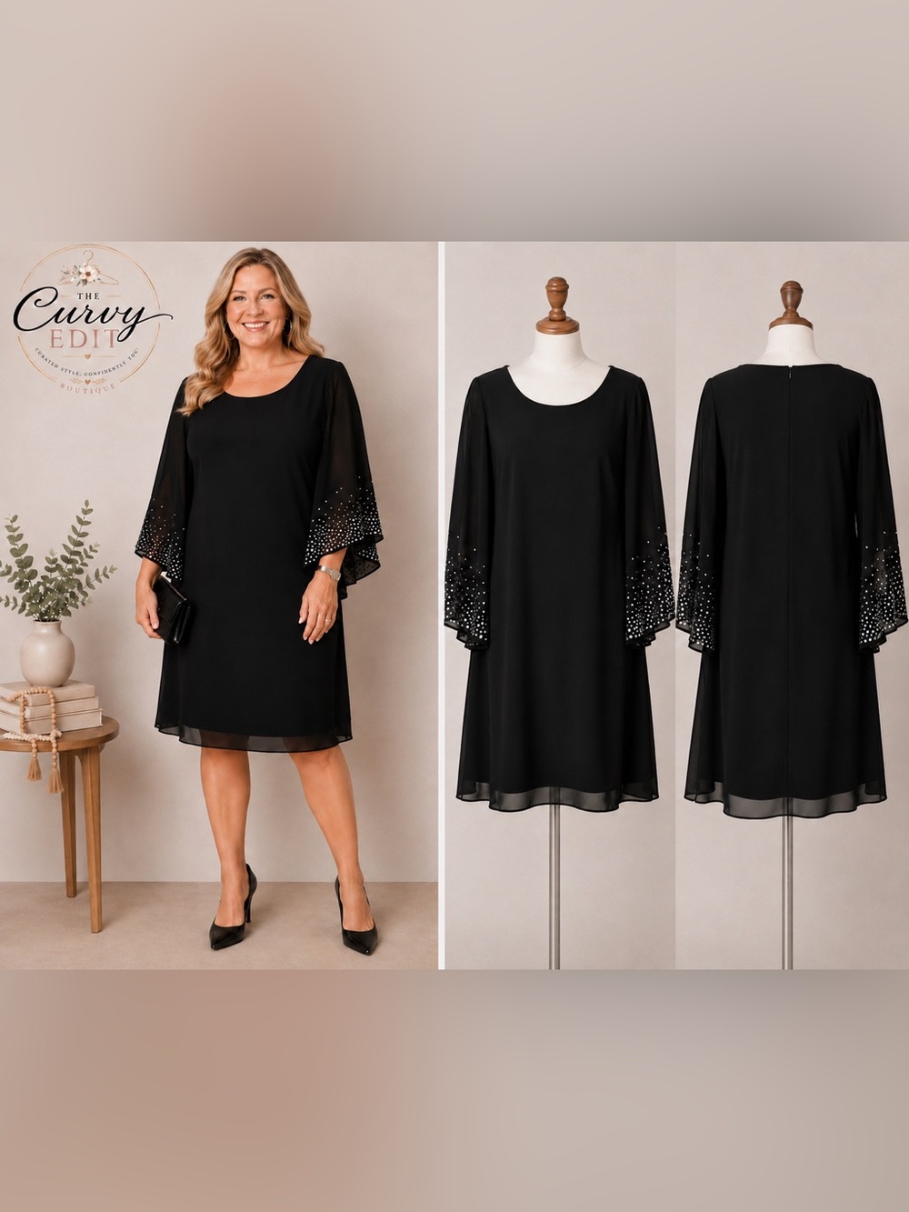 Calvin Klein 18W Black Rhinestone Bell Sleeve Cocktail Dress Chic Holiday Flowy